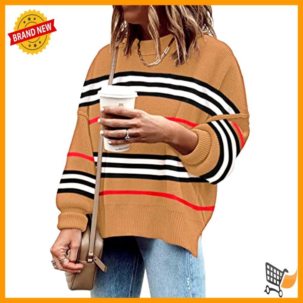 Oversized Batwing Sweater Long Sleeve Side Slit Knit Pullover Crew Neck - Picture 3 of 8